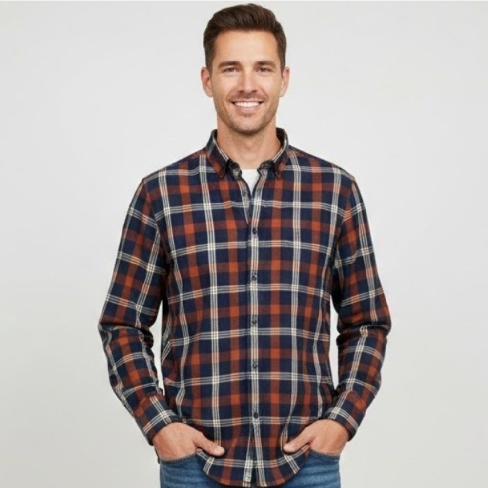 MIZZEN+MAIN Mens L Shirt Trim Fit Plaid Button Down Long Sleeve‎ Navy Orange